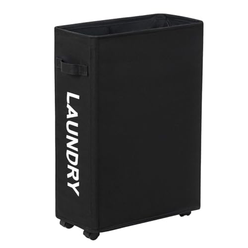 ZERO JET LAG Slim Rolling Laundry Hamper - Roll Hamper On Wheels - Standable Corner Bin - 52L Handy Storage Basket - Slim Laundry Basket - Waterproof Dirty Clothes Hamper - 15×8×22" (22 Inches, Black) - color: Black (With Wheels)