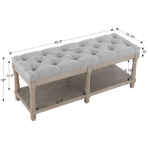 chairus Shoe Rack Bench Storage Vintage Bedroom Padded Bench Seat End of Bed, Fabric Tufted Farmhouse French Entryway Bench with Wood Legs for Hallway Foyer, Gray - color: Grey, size: 45.5 Inches Seat