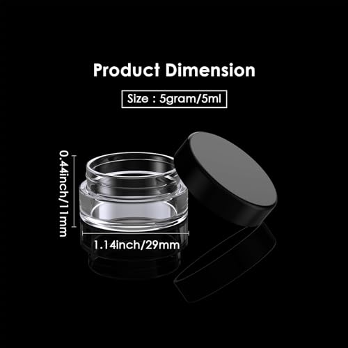 50 Pack 5 Gram 0.17OZ Clear Plastic Containers with Lids, Small Round Cosmetic Jars Makeup Travel Containers Jar for Cream, Bead, Eye Shadow, Samples, Jewelry, Lotions, Powders, Glitters Lip Gloss - color: Black Lid, size: 0.17 Ounce