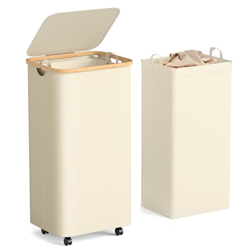 Yecaye 100L Large Capacity Laundry Hamper – Foldable Rolling Laundry Basket, Mobile Clothes Hamper with Wheels, Removable Inner Bag, Bamboo Handle Lid Laundry Bin – Multi-Use Storage,Beige - color: beige