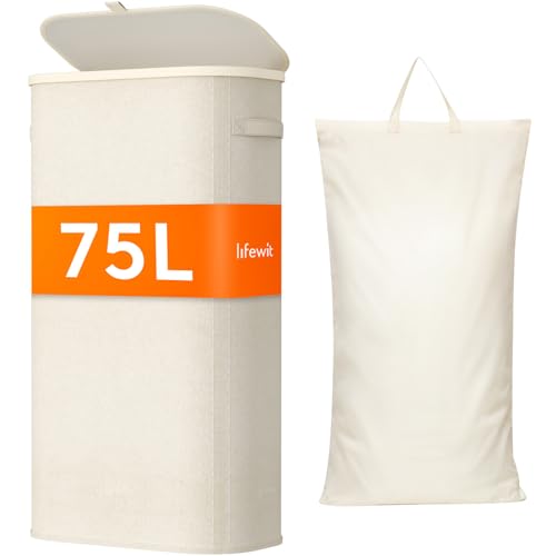 Lifewit Slim Laundry Basket with Lid, Narrow Large Laundry Hamper with Plastic Handles and Removable Bag, Tall Foldable Dirty Clothes Hampers for Laundry Room, Bedroom, Bathroom, Dorm, 75L White - color: White, size: 75L