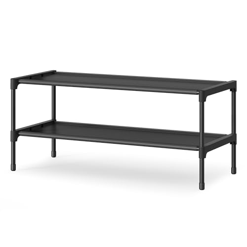 SONGMICS Shoe Rack, 2-Tier Shoe Storage Organizer, Space-Saving, 11.7 x 24.5 x 12.2 Inches, Entryway, Metal Frame, Non-Woven Fabric Shelves, Ink Black ULSH022BH01 - color: Ink Black, size: 2 Tiers (24.5"W)