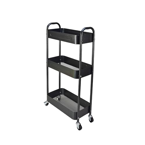 3 Tier Slim Metal Rolling Storage Cart for Laundry Room & Kitchen Organizer, 7.1'' Thin Standing Shelf for Narrow Spaces, Utility Cart with Wheels & Lockable Casters for Bathroom, Black - color: Black, size: 3 tier