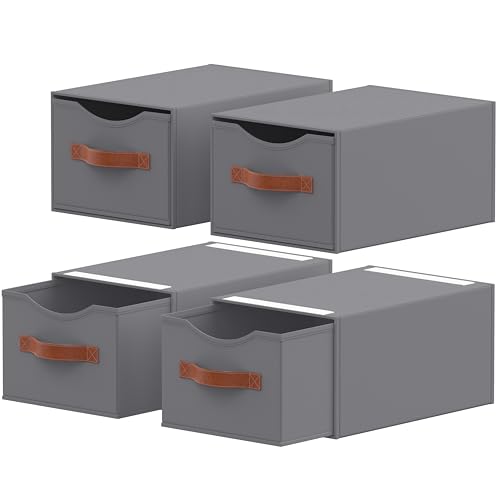 4 Pack Stackable Storage Drawers, Fabric Closet Organizers and Storage with Handles and Clear Window, Pull-Out Clothes Storage Bins with Drawer for Closet, Bedroom, Living Room, Under Bed, Gray - color: Gray, size: 4 Pack