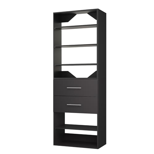 ROOMTEC Modular Closet System, 25.5" 2 Drawer Shelf Closet Tower Wall-Mounted Closet Organizer, Wooden Tower for Walk-In Closets, Wardrobe Storage Kit, Black - size: 25.5" Wide, style: Model 11