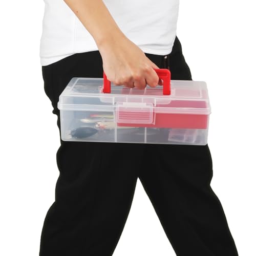 JUXYES Plastic Fishing Tackle Box Organizer with Removable Dividers, Clear Fishing Tackle Storage Boxes with Handle, 2 Layer Fishing Tackle Tray Box Lure Box, Red - color: Red
