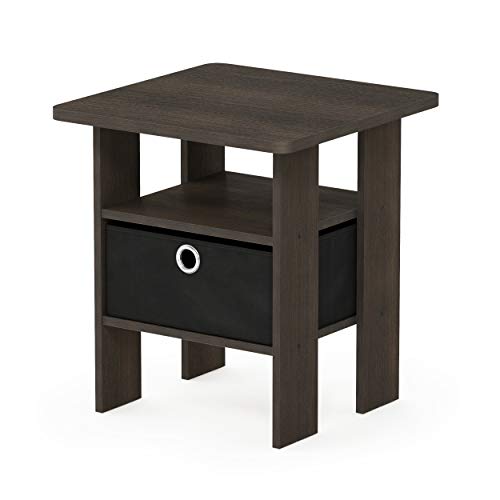 Furinno ANDREY Side Table, End Table, Night Stand with Open Shelves and Storage Bin, Bedside Table, for Living Room, Bedroom, Dark Brown - color: Dark Brown/Black, size: 1-Pack, Center Bin