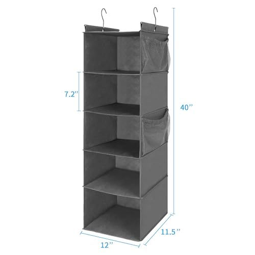 MAX Houser 5 Shelf Hanging Closet Organizer, Space Saver, Cloth Hanging Shelves with 4 Side Pockets, Foldable, Grey - color: Grey-6