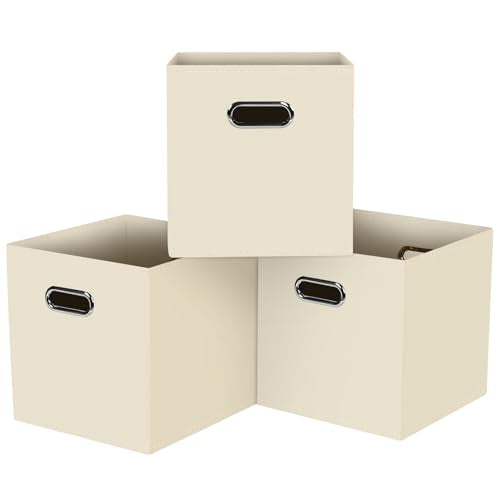 Black Foldable Storage Cubes Bins, Fabric Storage Box Cubes Organizer Baskets with Dual Handles for Home Organizer,Set of 3,(Creamy-White) - color: Creamy-White, size: 3 Pack