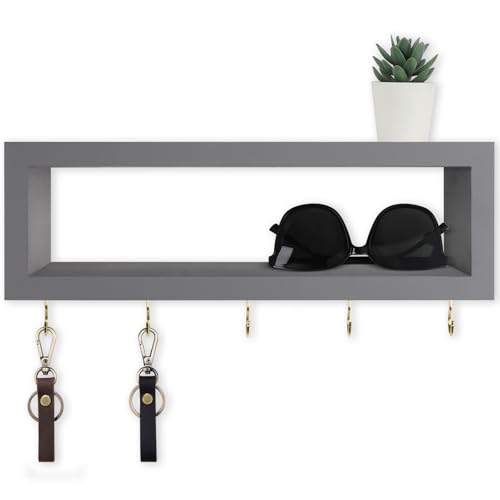 Lwenki Wall Shelf with Hooks - Decorative Key and Wallet Holder for Wall Holds Sunglasses, Leashes, Scarves and Lanyards - 15.7" x 5.1" x 2.9" Entryway Organizer Made of Paulownia Wood (Gray) - color: Grey