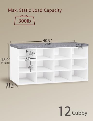 DINZI LVJ Shoe Storage Bench with Cushion, Cubby Shoe Rack with 12 Cubbies, Adjustable Shelves, Multifunctional Shoe Organizer Bench for Entryway, Mudroom, Hallway, Closet and Garage, White - color: White, size: 12 Cubby