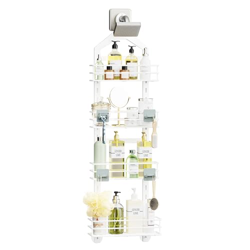 Orimade 4 Tier Adjustable Anti-slip Shower Caddy Over Shower Head, Rustproof Bathroom Hanging Organizer With 4 Hooks for Razor, No Drilling Shower Shelves Storage Rack, White - color: White - 4 Tier