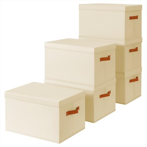 Homsorout Storage Bins with Lids - Large Fabric Closet Bins with Lid, 6 Pack Clothes Organizers and Storage, Collapsible Stackable Cube Basket for Home, Office, Dorm, Beige - color: Beige, size: XL(6-Pack)