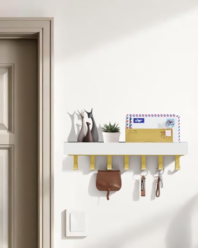Key Holder Wall Mount Adhesive Magnetic - Hanging Key Hooks with Mail Organizer Tray for Wallet House - Keys Hanger Rack with Shelf for Camper Entryway Door Home Living Room Decor Large Gold White - color: Gold White, size: Large