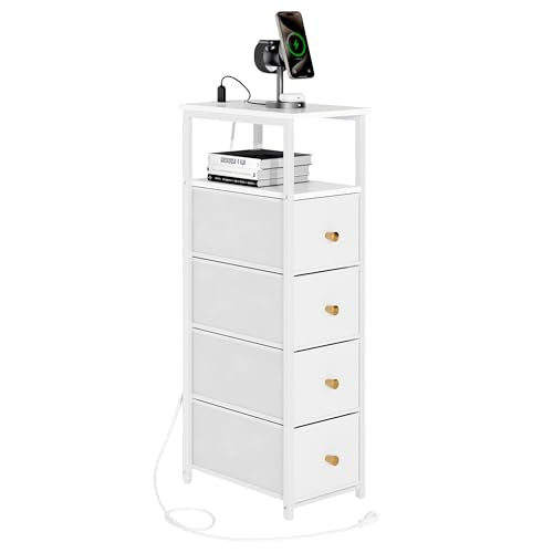 lurcns Narrow Storage Cabinet for Small Spaces Slim Bathroom Dresser with Drawers Tall Thin Storage Organizer for Bathroom Bedroom Skinny Cabinet(White, 4 Drawers with Charging Station) - color: White, size: 4 Drawers+Charging Station