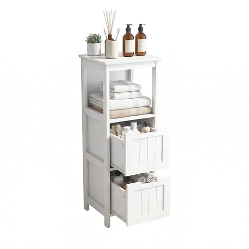 Casaphoria 2-Drawer Bathroom Floor Cabinet, Wooden Storage Organizer with Side Rack, Freestanding Stand Table for Bathroom, Hallway, White - size: 13"L×13"W×35.43"H
