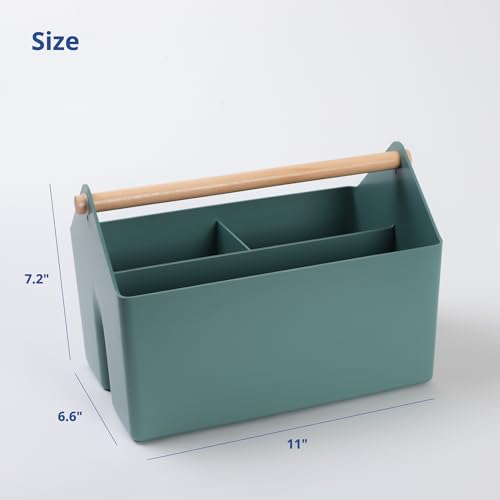 BLUE GINKGO Medium Storage Basket – Plastic Caddy with Wooden Handle for Office, Arts & Crafts, or Home Supplies (Green) - color: GREEN, size: Medium