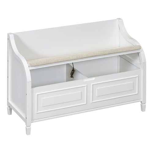 Knocbel Rustic Entry Storage Bench with Hidden Compartments and Removable Cushion, Wooden Entryway Hallway Foyer Shoe Bench Bedroom End of Bed Bench (White and Beige) - color: White and Beige