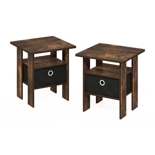 Furinno Andrey Side Table, Set of 2 End Table, Night Stand with Open Shelves and Storage Bin, Bedside Table, for Living Room, Bedroom, Amber Pine - color: Amber Pine/Black, size: 2-Pack, Center Bin