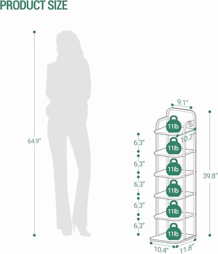 Hzuaneri 6 Tiers Vertical Shoe Rack, Narrow Shoe Tower, Tall Shoes Shelf with 2 Hooks, Adjustable Shelves, Corner Shoes Shelves for Small Spaces, Entryway, Living Room, White Gold SR04213A - color: White Gold, size: 6 Tier(11.8"D x 10.4"W x 39.8"H)