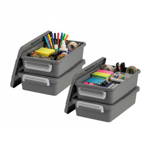 IRIS USA 3 Qt. Plastic Craft Storage Container Bins with Lids, 4 Pack, Small Art & Office Supply Organizer Tote, Sensory Bins & Boxes for Home & University, Stackable, Secure Latch Buckles, Gray - size: 3 Qt. - 4 Pack