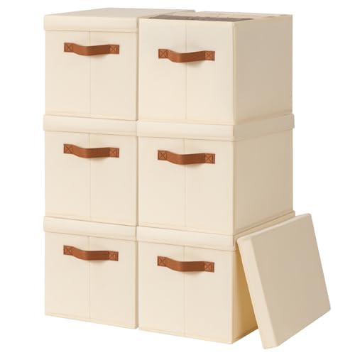 Homsorout Storage Bins with Lids - Fabric Storage Baskets for Shelves, 6 Pack Foldable Decorative Boxes with Handles, Stackable Organizer Bins for Home, Nursery, Dorm, Beige - color: Beige, size: L(6-Pack)
