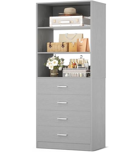 Aheaplus Closet Drawers Organizer System, 21.3" Wood Closet System with 4 Drawers, Modular Walk-in Closets Storage Unit, Tall Bookshelf Storage Cabinet, Grey - color: Grey