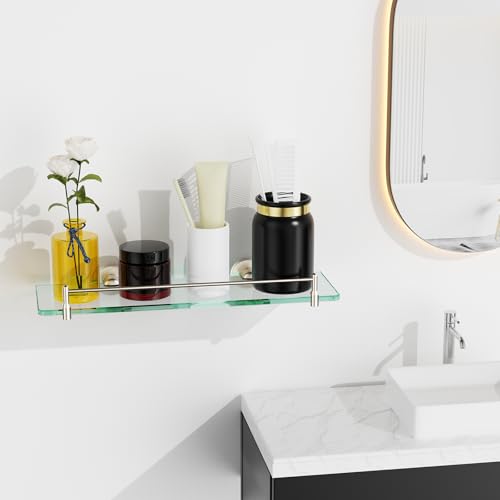 Glass Bathroom Shelves,Brushed Nickel Floating Shelves for Wall Rectangular Modern Stainless Steel Glass Shelf for Bathroom Shelves Wall Mounted 16 Inch - color: Brushed Nickel, size: 16"with railing