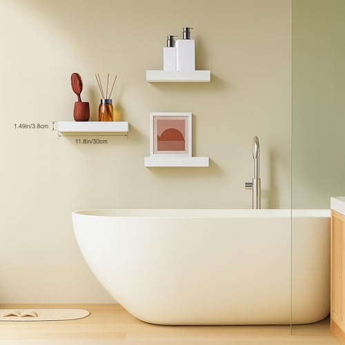 Floating Shelves, White Wooden Set of 3 Wall Mounted Bathroom Shelves Over Toilet, Modern Small Hanging Shelves for Bedroom Living Room Kitchen Home Decor Storage, 12" x 7" x 1.5" - color: White, size: 12"(set of 3)