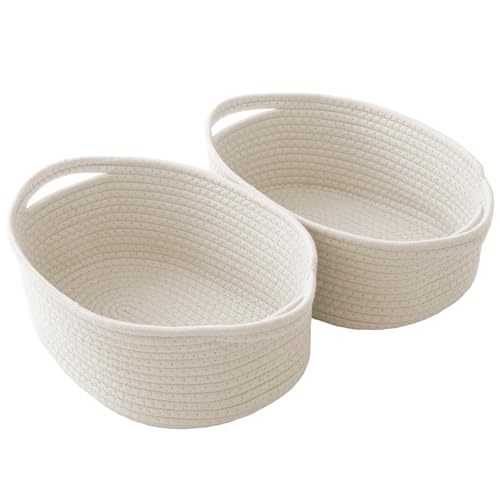 JMvicyroam Woven Basket,Small Rope Storage Bin with Handles & Ribbon Bag, Organizer for Shelves Closets,Gift Basket Empty for Birthday,Books,Dog Toys,White/2 Pack - color: White, size: 2 Pack