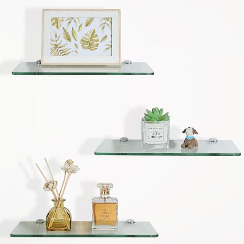 SAYAYO Glass Floating Shelves for Wall, Tempered Glass Shelves for Bathroom, Living Room, Bedroom, Office, Toilet, Kitchen Decor, 12Inch Set of 3, Clear - color: Clear, size: 3 PCS