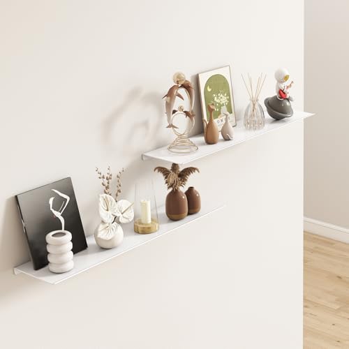 MKO 20" Floating Shelves for Wall, Long Metal Wall Mounted Shelf for Bathroom, Bedroom, Living Room, Kitchen, Display Hanging Shelves for Books/Storage/Room Decor 2 Packs, White - color: White, size: 20 IN