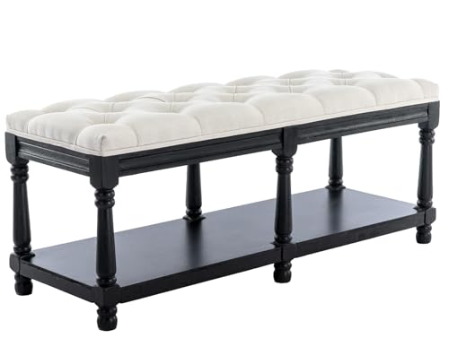 Kmax Storage Entryway Bench Tufted Shoe Rack Bench Black Wood Window Bench for Hallway Entrance Bedroom Corner, Beige - color: Beige- Black Wood, size: Storage- 2 Seats