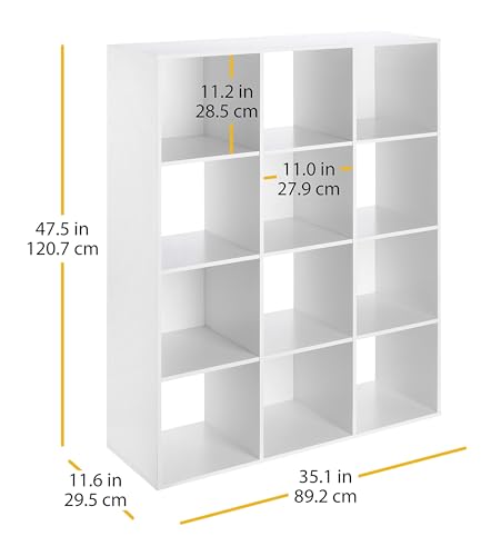 Whitmor 12 Cube Bookcase, 4 Tier Stackable MDF Bookself, Open Storage Display Organizer, Storage Cabinet for Living Room, Bedroom, Home, Office, 35.1" L x 11.6" W x 47.5" H, White - color: White, size: 12 Cube Stackable