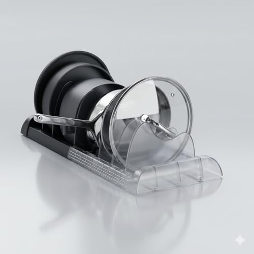 OMIO Pot Lid Organizer for Cabinet, A-560 Heavy Duty ABS Pan Rack Adjustable 9.8-22.8 inch with 8 Removable Dividers, Under Sink Storage for Cookware, Cutting Board, Dark Gray - color: Deep Grey & Translucent