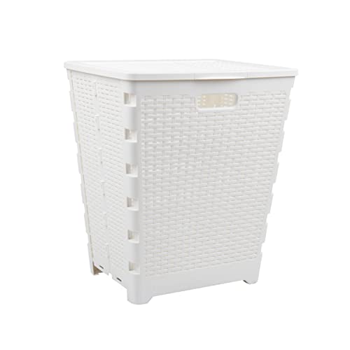 Mind Reader 61L Foldable Laundry Hamper, Clothes Basket, Lid, Wicker Design, Plastic, 18"L x 14.5"W x 21.25"H, White - color: White