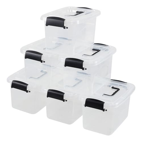 6-Pack Home Storage Bins, Plastic Container, Latching Box with Handle (Black handle) - color: Black handle