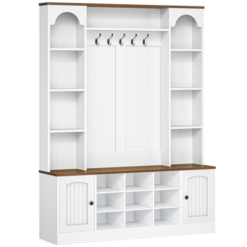 HOOBRO Hall Tree with Bench and Shoe Storage, 51" Entryway Bench with Coat Rack, Farmhouse Entryway Organizer with 5 Hooks, 8 Open Compartments, 9 Shoe Cubbies, for Hallway, White and Walnut WH180MT01
