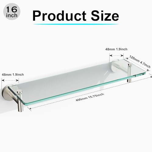 Glass Shelves for Bathroom,16-Inch Brushed Nickel Floating Bathroom Shelf Stainless Steel Tempered Glass Shelf Modern Shelves Wall Mounted - color: Brushed Nickel, size: 16"without railing