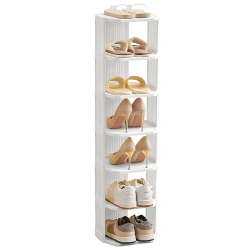 Small Shoe Rack, 7 Tier Plastic Vertical Shoe Rack for Small and Narrow Spaces, Free Standing Shoe Organizer for Closet, Entryway - color: White, size: 7 Tier