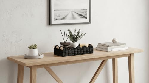 CubesLand Toilet Paper Storage Basket Organizer, Small Wicker Toilet Tank Top Decorative Baskets for Countertop, Handwoven Scalloped Basket w/handle for Home Decor, Living Room, Bedroom, Black - color: Black, size: S - 12.99"L x 6.3"W x 3.15"H