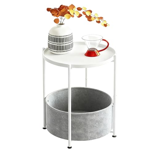 Small Round Side Table with Felt Storage Basket, Metal End Table with Removable Tray and Adjustable Feet, Accent Table for Nursery, Bedroom, Living Room, Laundry Room, White - color: White