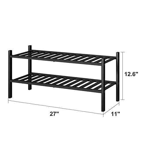 viewcare 2-Tier Black Bamboo Shoe Rack for Entryway, Stackable | Foldable | Natural, Shoe Shelf Storage Organizer for Hallway Closet, Free Standing Shoe Racks for Indoor Outdoor - color: Black, size: 2-Tier