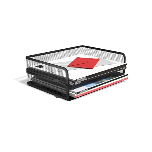 TRU RED Side‑Load Stackable Metal Letter Tray, Matte Black, 2‑Pack – Desktop Paper Organizer for Office Files & Documents