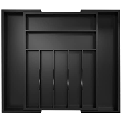 Utensil Organizer Silverware Drawer Organizer - Bamboo Expandable Cutlery Tray with Dividers for Utensil Holder Office Storage Makeup Desk Drawer Tool Organization W13.5"-19.5" x L17.5" x H2.5"(Black) | Expandable, Cutlery Tray, with Dividers, Utensil Hol