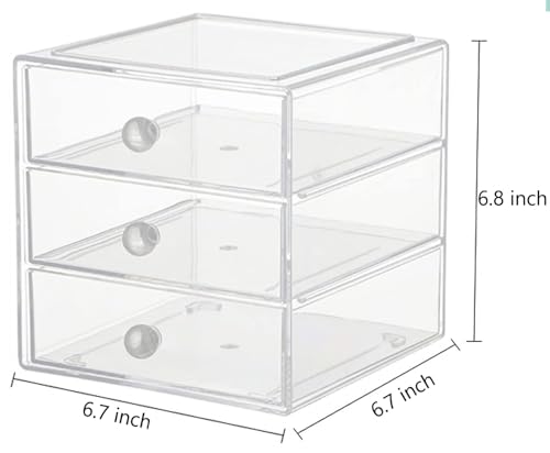 AJIODA Makeup Drawer Organizer Box with 3 Drawers, Acrylic Cosmetic Display Case Vanity Organizer Jewelry Storage Box Stackable Storage for Cosmetics, Skin Care, Bathroom, Countertop, Clear - color: Clear Handle