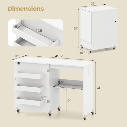 Giantex Folding Sewing Table with Charging Station, Rolling Craft Table with Storage Trays & Shelf, Foldable Sewing Machine Cabinet Desk with Lockable Wheels for Small Spaces (White) - color: White