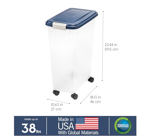 IRIS USA Dog Food Storage Container 38 lb, Airtight Large Pet Food Storage Bin with Wheels, for Dog Cat Bird Chicken Food, Holds Up to 38 Lbs, Keep Fresh, BPA Free, Made in USA, Navy - color: Navy, size: 38 lbs