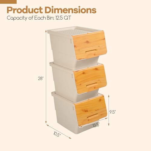 Giantex Plastic Stackable Storage Bins with Lids & Wheels, 3 Pack Open Front Stacking Bins, Organizer Bins for Pantry, Kitchen, Laundry, Closet, Playroom, Bedroom Organization (12.5 QT) - color: White + Natural, size: 3 Pack, 12.5 QT