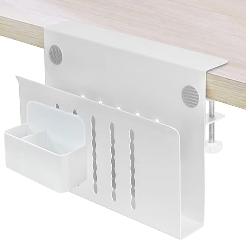 Desk Side Storage, Desk Laptop Holder with Magnetic Pen Holder, No Drill Desk Side Organizer for Office and Home Fits Flat Edge 0.3" to 2.3" - color: White